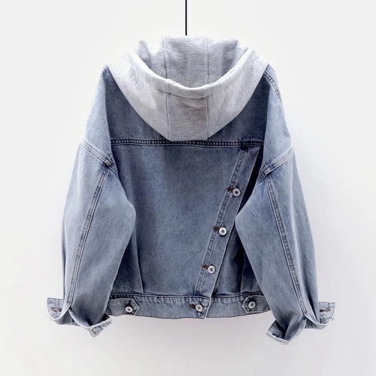 

Spring Autumn Long Sleeves Hooded Women Denim Coat Jacket Korean Big Pockets Jean Jacket for Women Fashion Single-breasted Tops