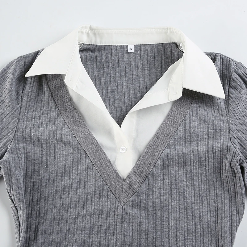 Gray Ribbed Slim Basic Long Sleeve Tee With Belts Contrast Patchwork Turn Down Collar Pullover Top T Shirt Women Autumn Winter