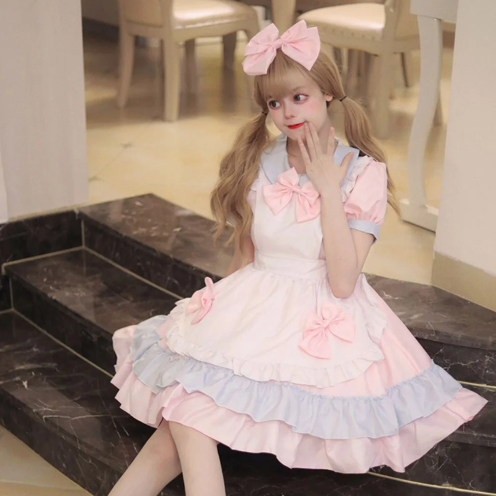 

Anime Cute Bow Lolita Maid Dres Cosplay Costume Pink Girl Maid Dress Trending Girls Maid Party Costumes S -5XL