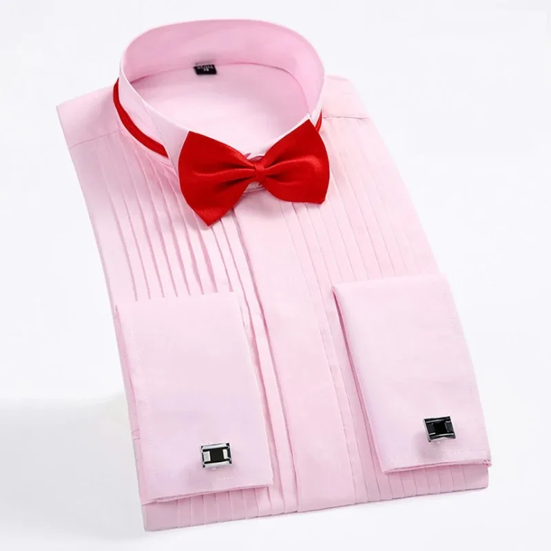 Men's Wing-tip collar 1/4" Pleat Tuxedo Dress Shirt French Cuffs Hidden Buttons Placket Long Sleeve Wedding Bridegroom Shirts