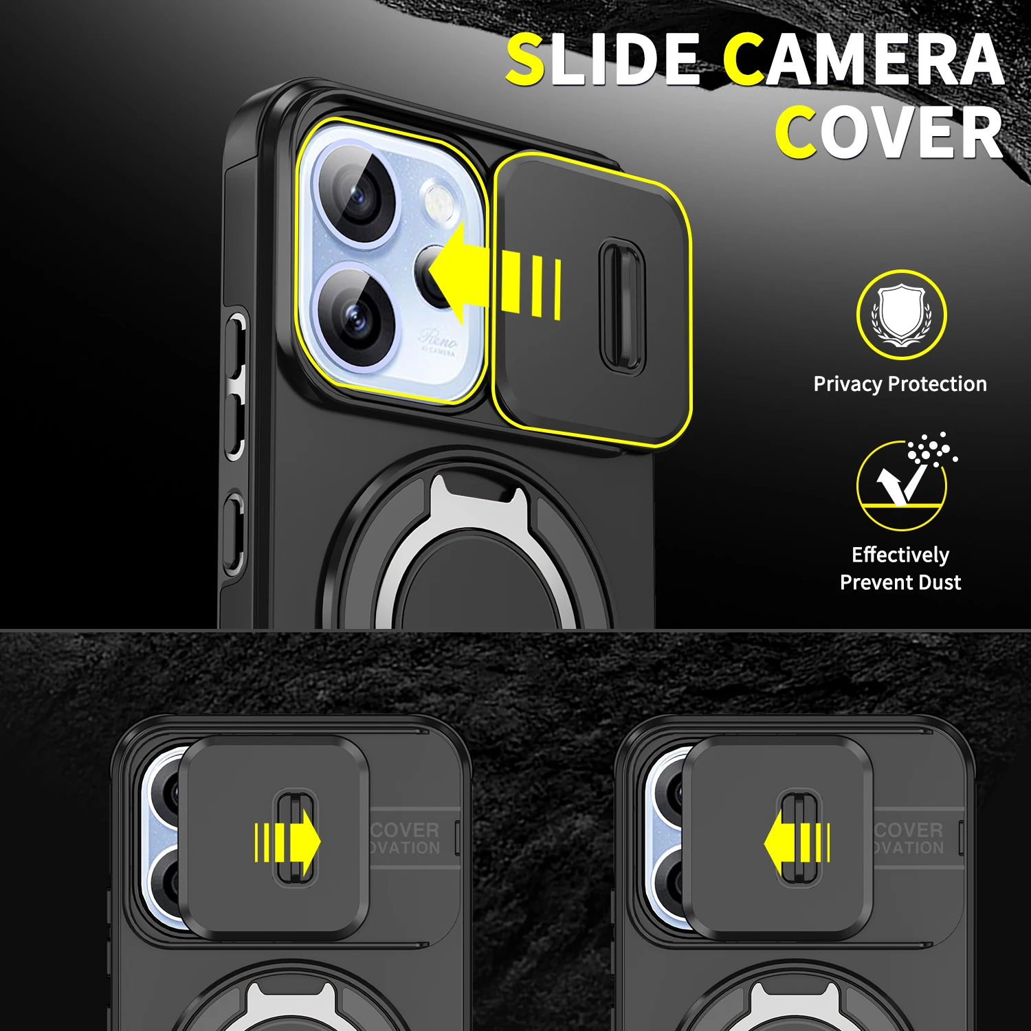 Magnetic Ring Stand Phone Case with Slide Camera Lens Protection and Durable TPU Frame