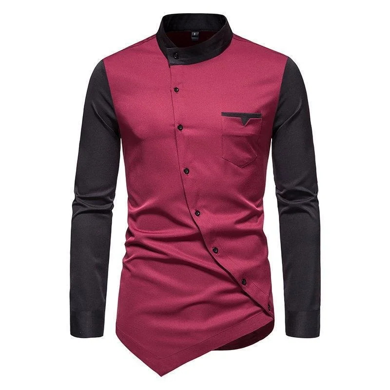 Long Sleeve Fashion Mens Formal Shirt Patchwork Color Slim Fit Diagonal Button Shirt Mens Dress