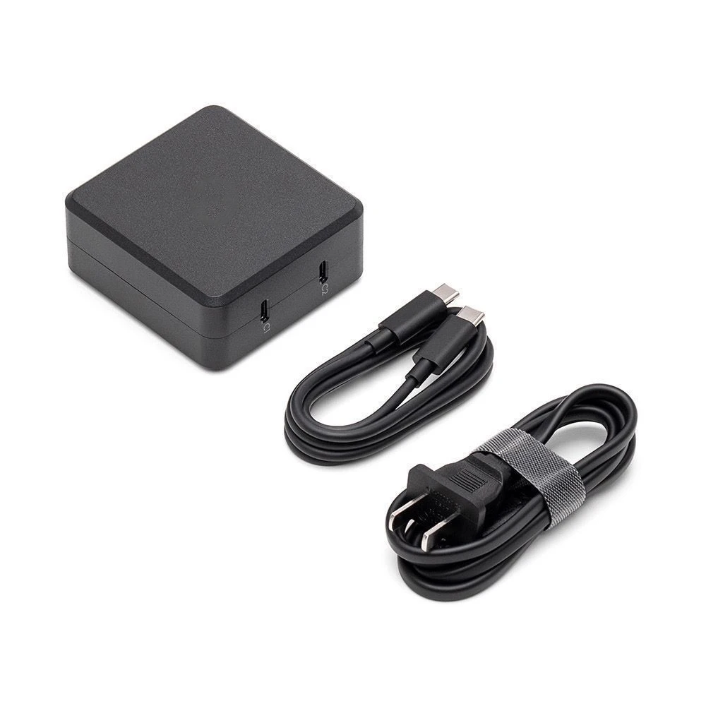 Vue latérale du chargeur rapide 100W pour DJI Mavic Air 3/Air 3S avec voyant LED allumé