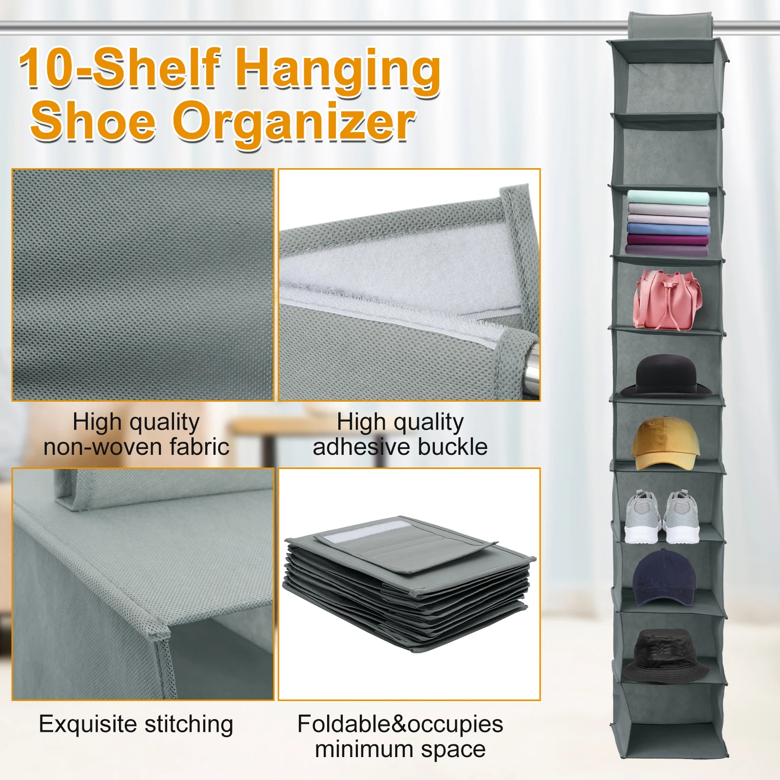 10-Shelf Hanging Shoe Organizer Non-Woven Fabric Hanging Shoe Shelves Multipurpose Foldable Shoes Container Rack Space-Saving