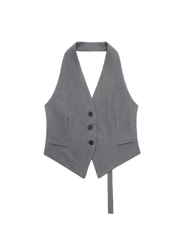 Fur Vest Women Vest TRZA Women Fashion Backless Halter Neck Waistcoat Sexy Sleeveless Button-up Female Outerwear Chic Vest Tops