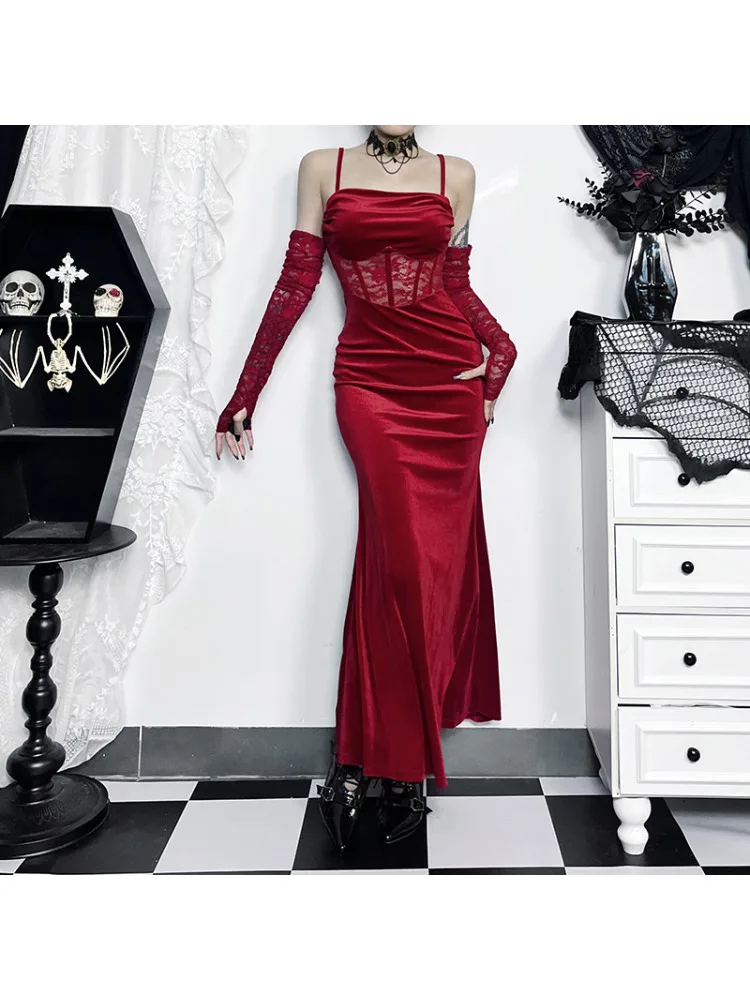 

Gothic Punk Dark Temperament Velvet Dress Harajuku Retro Sexy Solid Color Suspender Long Dress 2024 Autumn New Women's Clothing