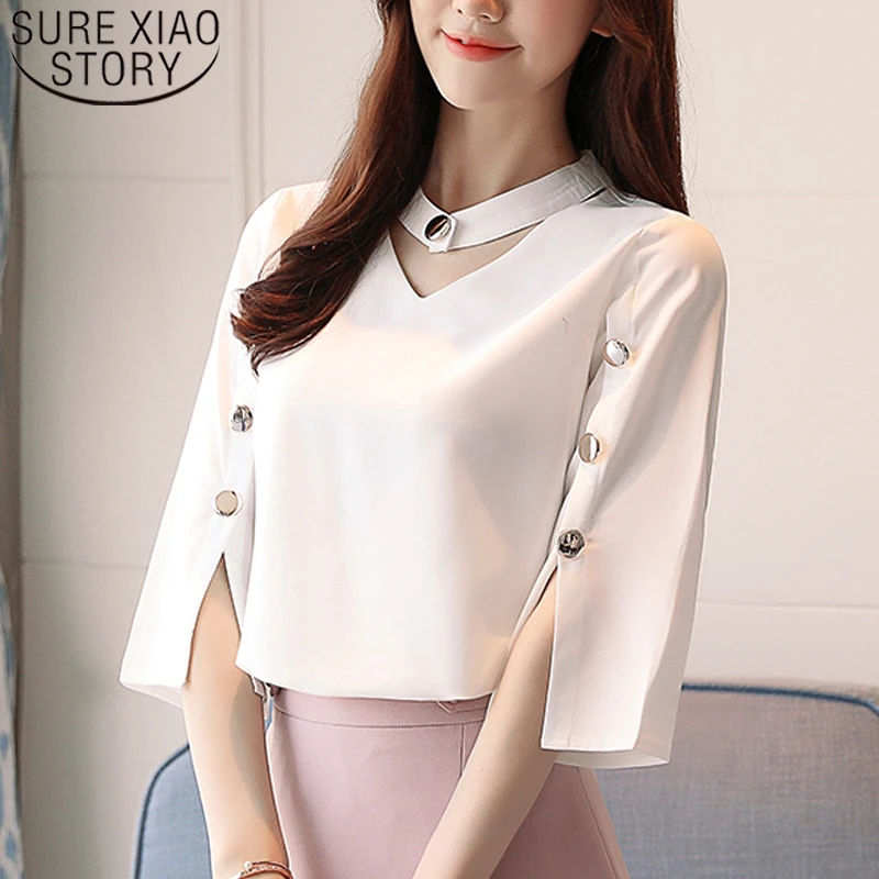 Blusa de gasa con en V para mujer, camisa blanca con cuentas, ropa Harajuku de tres cuartos, 2023 50, 2994|Blusas y - AliExpress