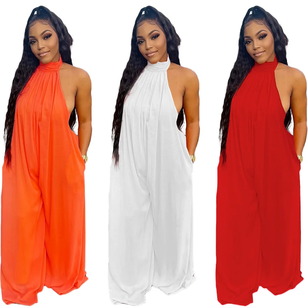 Echoine 2022 여름 여성 캐주얼 패션 솔리드 컬러 오렌지 루스 o 넥 민소매 백 레이스 와이드 레그 팬츠 점프 슈트