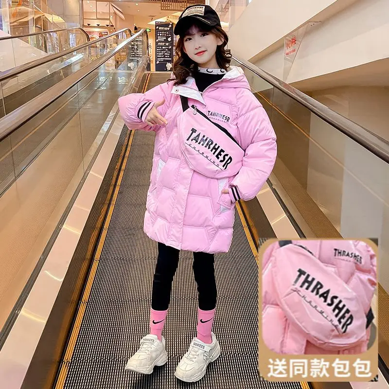 

2022 New Jackets Kids Shiny Girls Fashion Downs Cotton Coats Letters Winter Clothing Children's Waterproof Shiny Warm 5-14Years