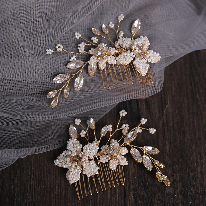 Bridal Headdress Golden Flower Hair Comb Handmade Rhinestone Jewelry