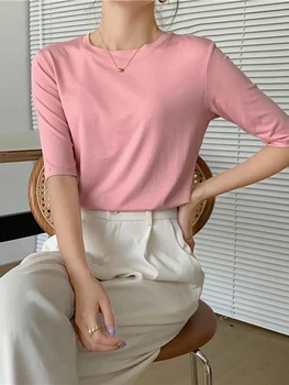 2025 الصيف نصف كم تي شيرت المرأة ملابس علوية من القطن تيز الصلبة س الرقبة الإناث عادية الأساسية مطاطا سليم تي شيرت رداء علوي غير رسمي 2