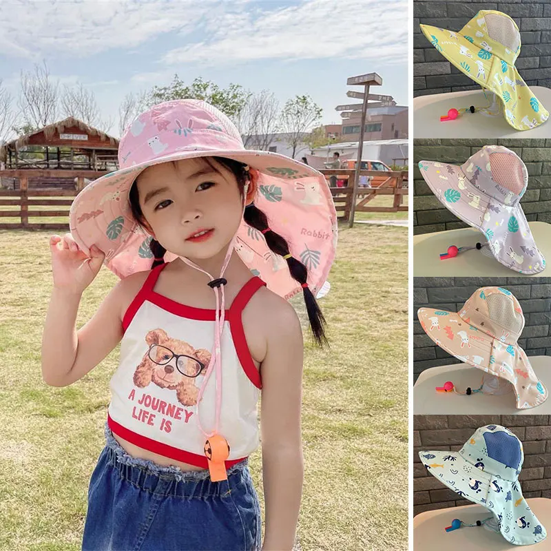 Summer Children UV Protection Shawl Hat Print Kids Large Brim Sunshade Visor 2-10Year Boy Girl Baby Quick Dry Mesh Fisherman Cap 5