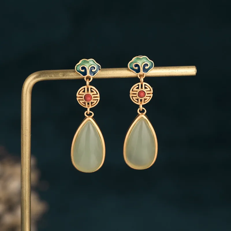 

Chinese Dangle Earrings for Women Imitation Hetian Jade Ruby Pendant Ear Rings Auspicious Cloud Fashion Jewelry Birthday Gift
