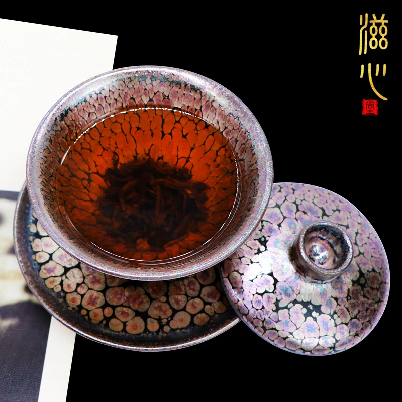 

Zixintang Feixing Jianzhan Gaiwan Famous Master Pure Handmade Sancai Bowl Jingcha Cup Raw Mineral Iron Body Kung Fu Tea Set