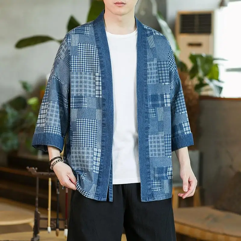 

Blue Print Plaid Half Sleeve Samurai Kimono Yukata Plus Size Men's Japanese Cardigan Shirt Loose Casual Beach Haori Robe 4XL 5XL