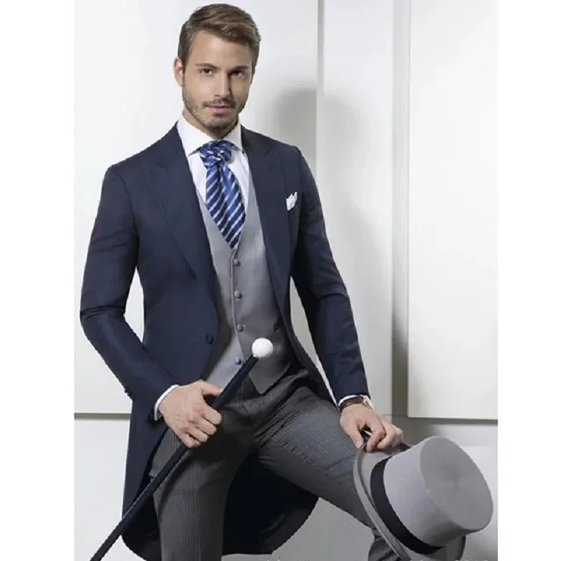 Grey Wedding Men Tuxedos Stand Collar Suit Men's Business Office Slim Fit Good Quality Male Suits 3 Pieces Sets