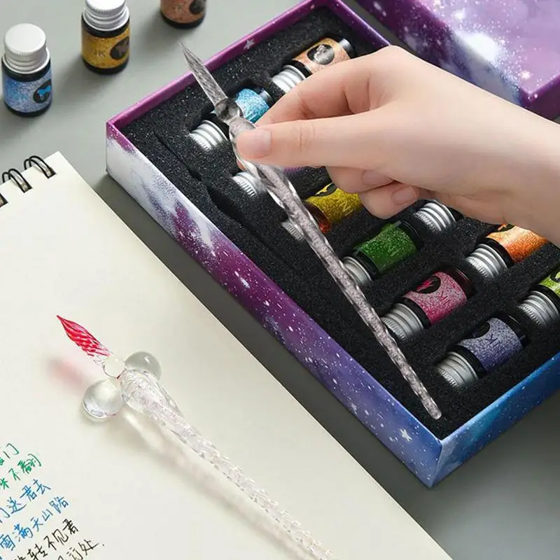 별이 빛나는 하늘 크리스탈 유리 펜, 캘리그라피 딥 펜, 12 색 잉크 글리터 파우더 만년필, 색상 잉크 선물 상자 쓰기