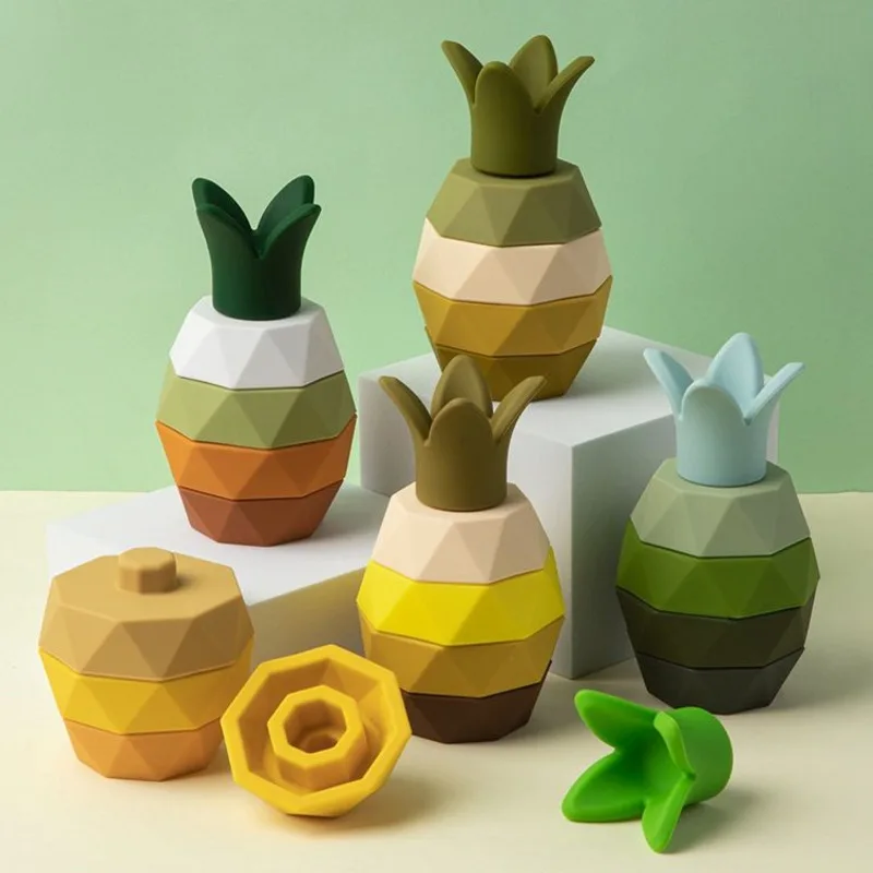 

Nesting 5pc Silicone Building Block Silicone Pineapple Soft Block Educational Montessori Toys Stacking Blocks Baby Gift