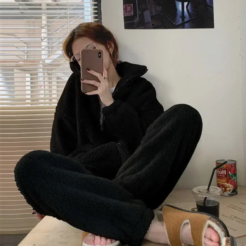 

Пижама новая пияма корейские брюки одежда зимняя флисовая домашняя пижама 2023 ночной комплект на молнии Женский однотонный теплый костюм 2 толстый