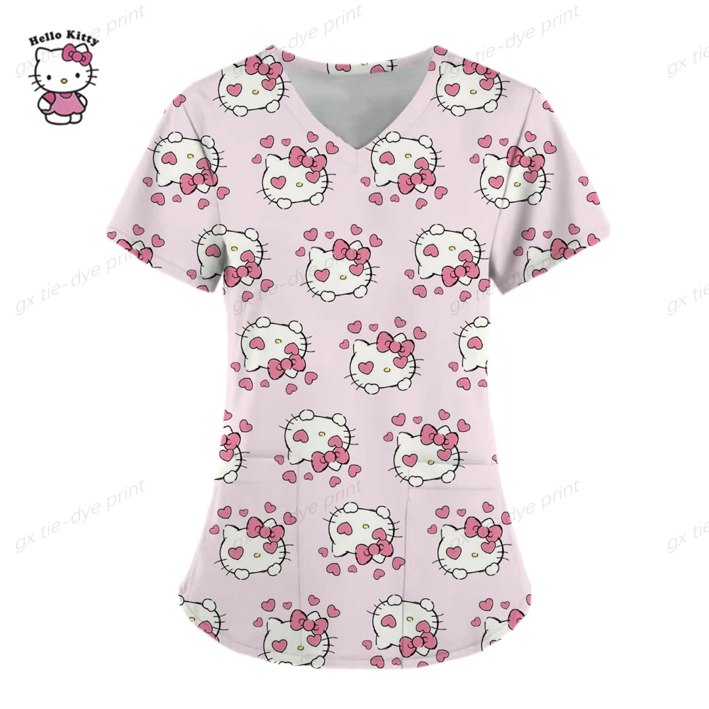 thumbnail image 1 of Uniforme de Hello Kitty para mujer, camisa de trabajo de enfermera con estampado de dibujos animados de Hello Kitty, bata con bolsillo, uniforme de enfermería para Navidad, 1 of 5