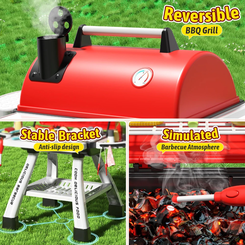 WizKidz Toy BBQ Grill Set For Kids Outdoor Pretend Play Cooking Barbecue Interactive Playset For Boys Girls Kitchen Accessories