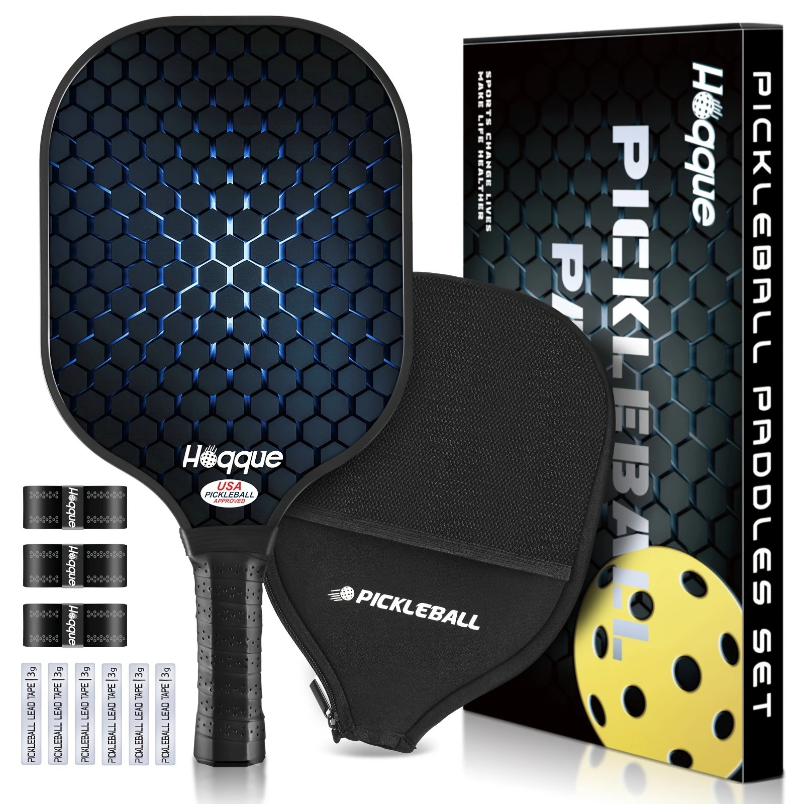

Набор голубых лопастей Pickbleball с крышкой, стандартная свинцовая лента Overgrip, одобрено usкак, комплект аксессуаров для ракетки из стекловолокна Carbon Fi