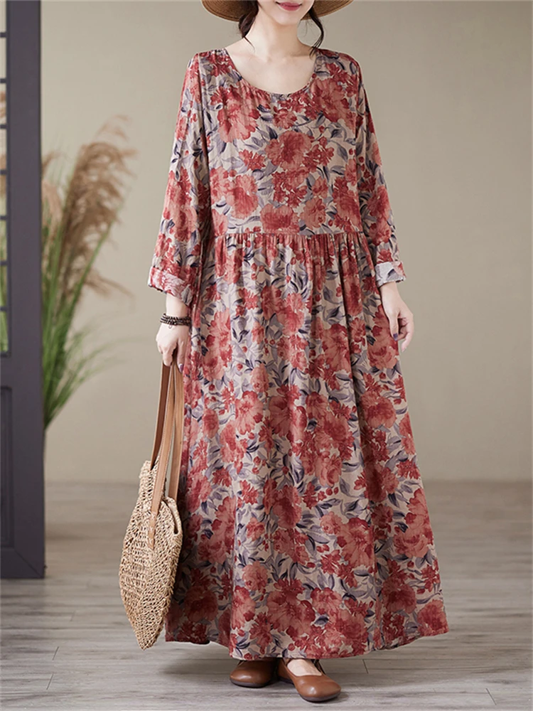 2025 Spring Autumn Cotton Vintage Print Dresses For Women Casual Loose Long Sleeve Dress Femme Robe Vestidos Fashion Clothing