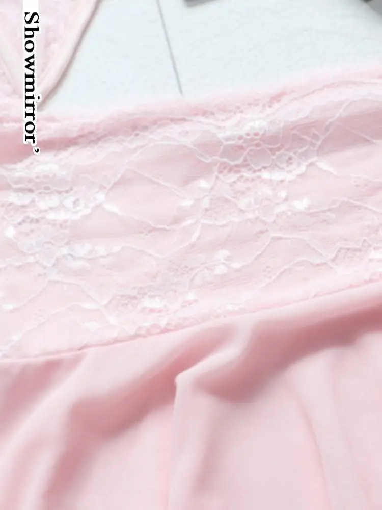 Showmirror Off Shoulder Lace Pink Dress Set Sexy 2 Piece Set Women Vintage Lace Mesh Corset Tube Top Sexy Cropped Bustier