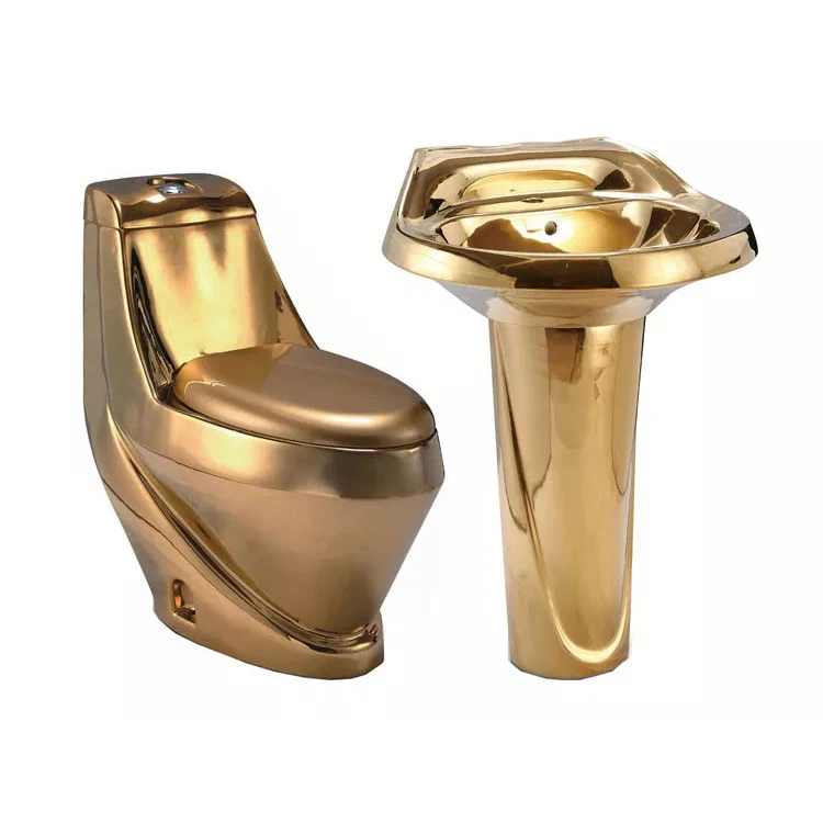 Electroplated Golden Color Modern Bathroom Sanitary Ware Luxury Wc Toilet Bowl and Pedestal Basin Sink Ceramic Gold Toilet Set