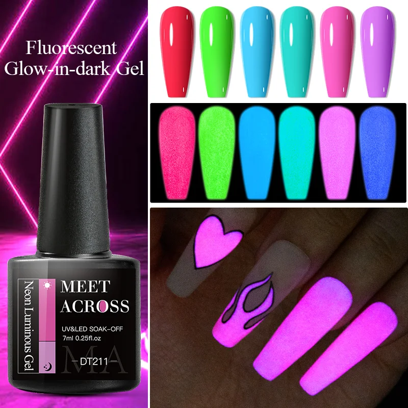 MEET ACROSS 8Pcs/Set Eggshell Glow In Dark Fluorescent Gel Nail Polish Summer Luminous Neon Semi Permanent Nail Art Gel Kit 6