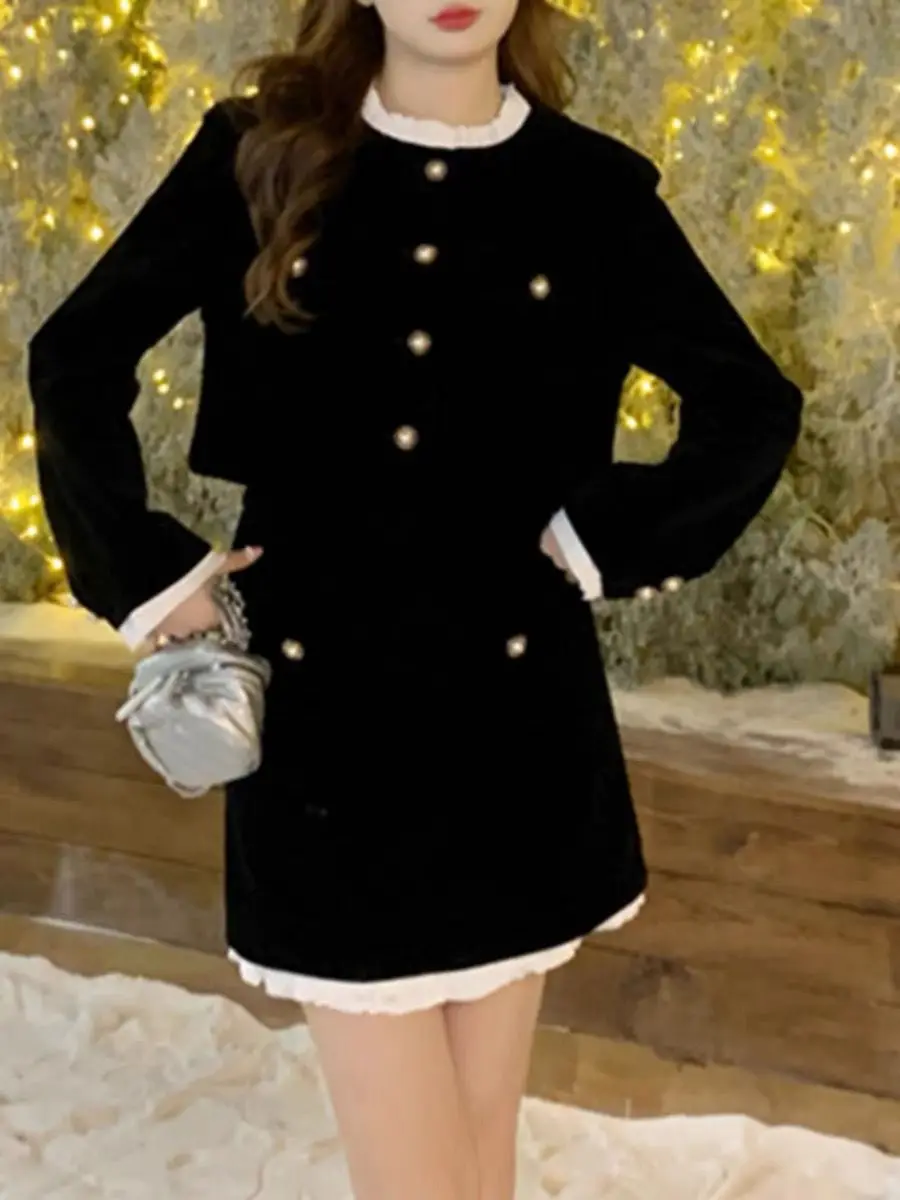 Elegant Black Velvet Two-piece Skirt Sets Long Sleeve Cropped Top Bodycon Mini Skirt Ruffles Korean Fashion Autumn Spring Outfit