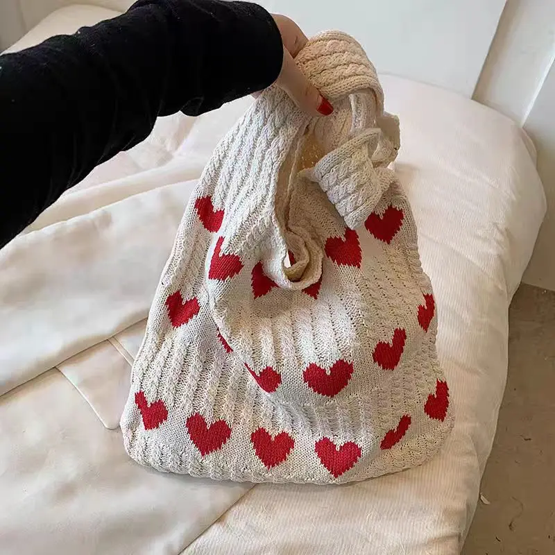 Large Capacity Knitted Bag Women's Summer Handmade Woolen Crochet Handbag Heart Pattern Tote Bags Bag Love Shoulder Purse