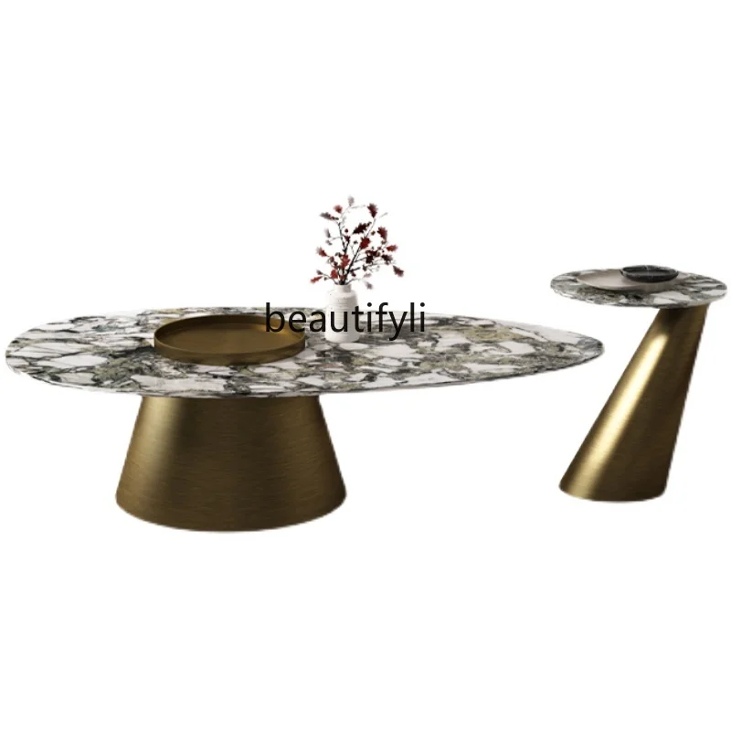

Недорогой роскошный стильный журнальный столик с каменной тарелкой, новый круглый журнальный столик для гостиной, дома, маленькой квартиры, высококачественный
