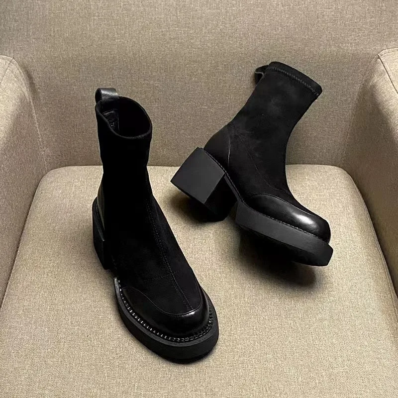 Spring and Winter Ankle Boots Round Head Zipper Women's Boots Thickened High Heels Shoes Boots Inner Heel Warm Shoes Botas Mujer