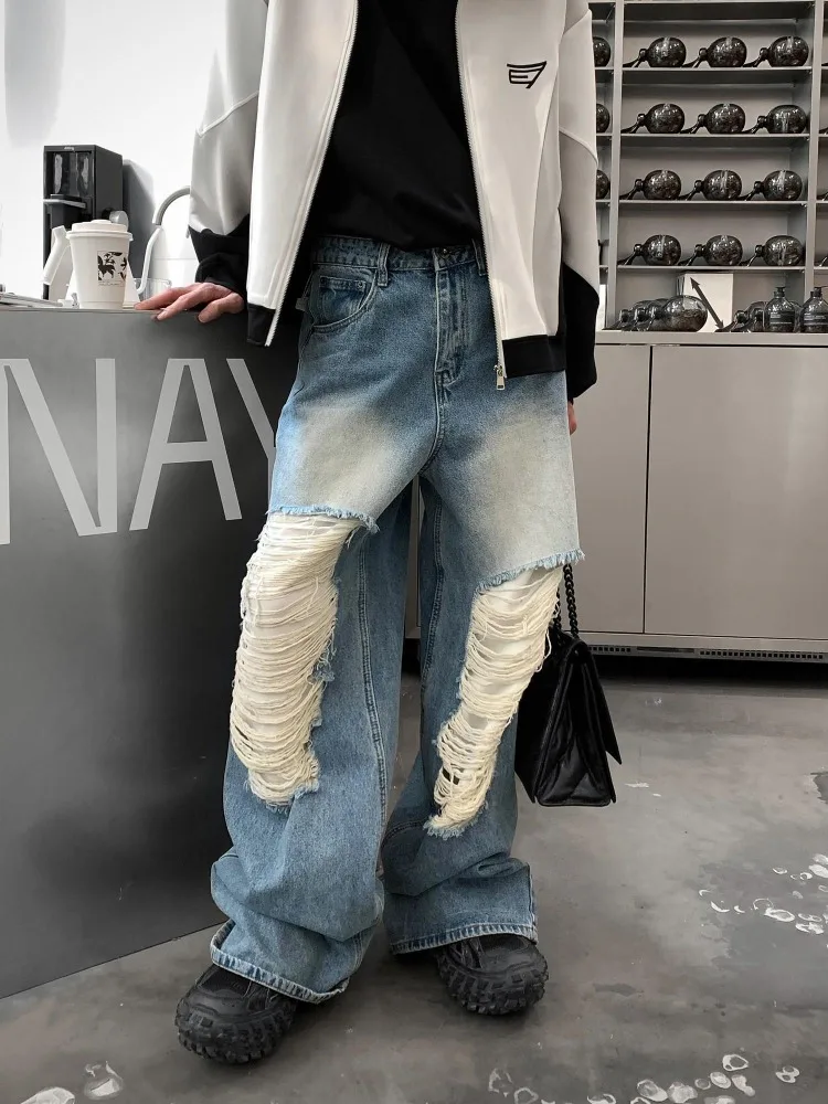 

Ripped Large Hole Patch Jeans Spring High Street Hip-hop Retro Old Pants Men Korean Fashion Streetwear Casual Loose Thigh Jeans