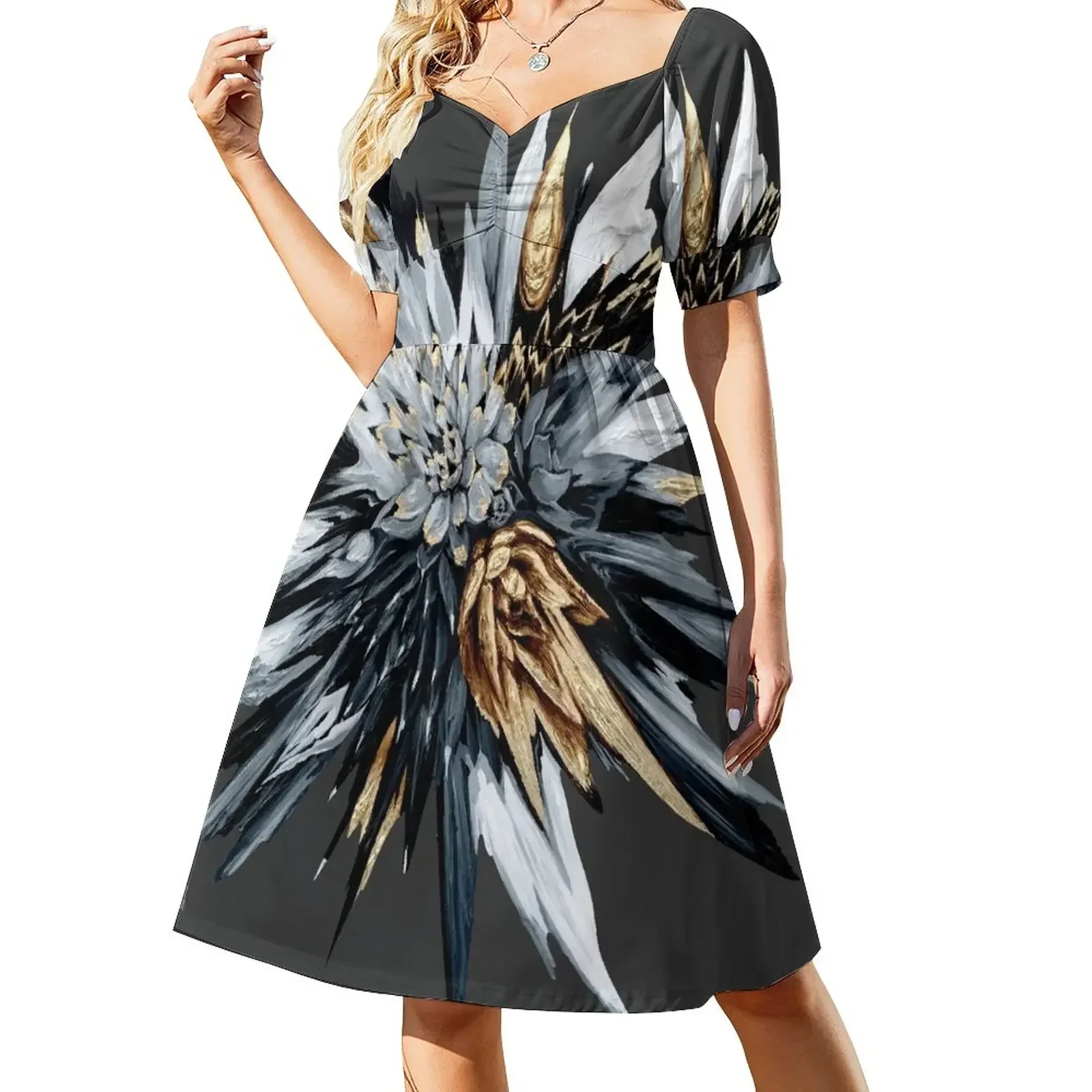 thumbnail image 1 of Vestido de manga corta con efecto rosa del desierto negro, vestido largo de verano para mujer, vestidos formales para ocasiones especiales., 1 of 7