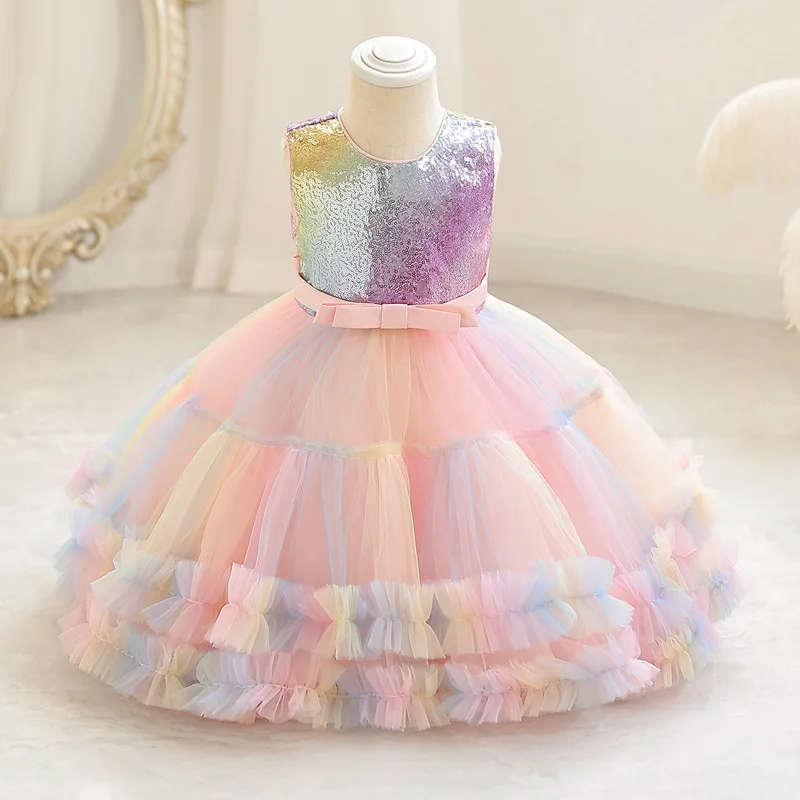 Girls Luxury Rainbow Sequin Dresses Teenager 5 9 12 14 Years Bridesmaid Children Tulle  Ball Gown Birthday Party Costume Clothes