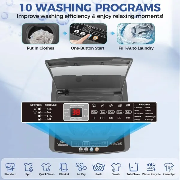 Nictemaw Portable Washing Machine, 17.8Lbs Capacity Full-Automatic Portable Washer, 2.4Cu.ft Washer and Dryer Combo