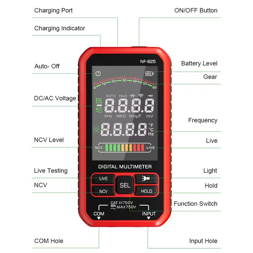 NF-625 Smart Digital Multimeter, 6000 Counts, Rechargeable Multitester with Larg