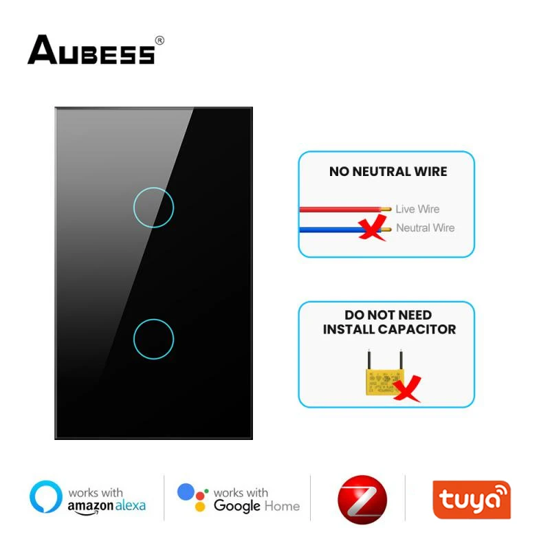 

Умный выключатель Aubess Zigbee, переключатель без нейтрального провода, без конденсатора, работает с приложением Alexa Google Home