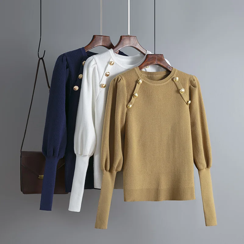 

Metal Buttons Fashion Pullovers Sweater Puff Sleeves Elegant Winter Autumn Crop Tops Lady Jumpers
