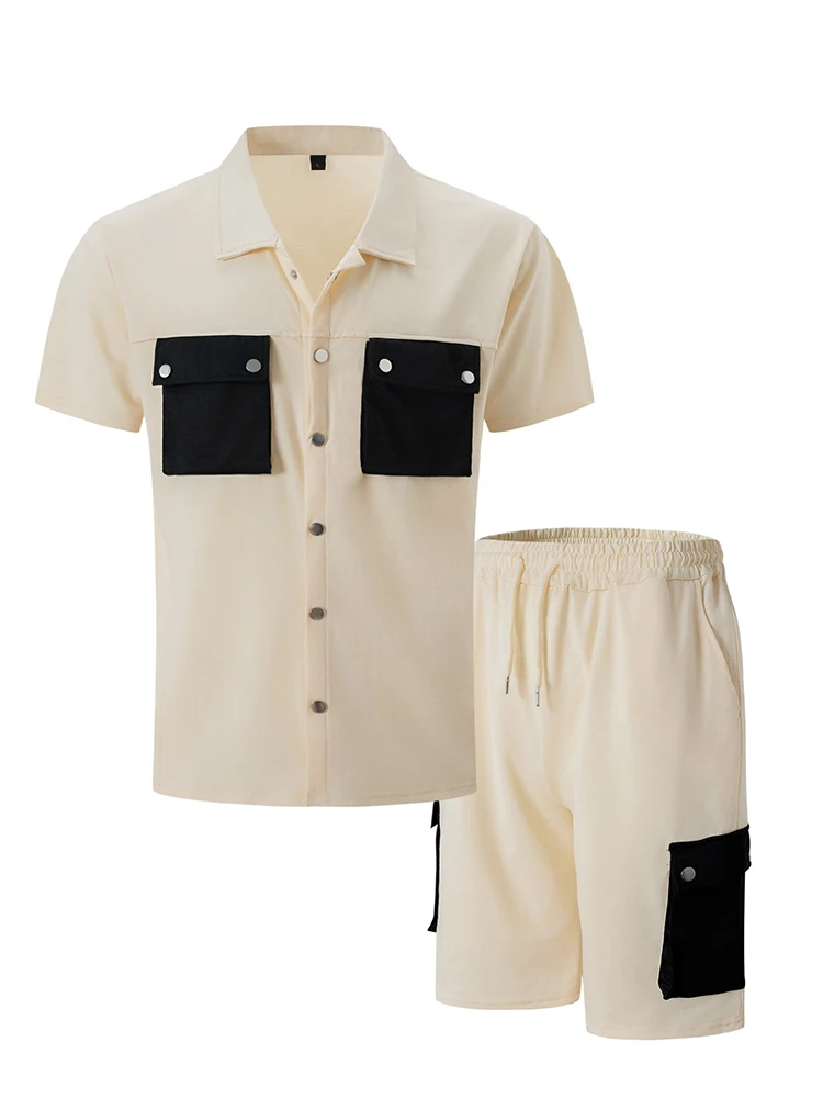 أطقم رجالية صيفية كاجوال لعام 2026، قمصان بأكمام قصيرة وشورتات بتصميم عتيق متعدد الجيوب، ملابس رجالية عصرية للشارع