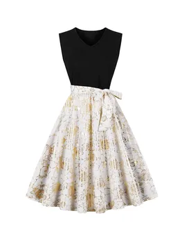 Retro Vintage Women's Summer Dress V-Neck Sleeveless High Waist Chic Floral Print with Belt 50s Style