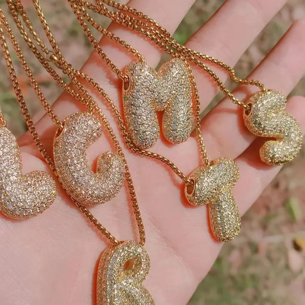 Collana Iniziale In Oro 14K Placcato Donna Uomo: Pendente A Bolla Con Lettera A-Z E Zirconia Cubica. Catena Girocollo 17 Pollici, Regalo Perfetto.