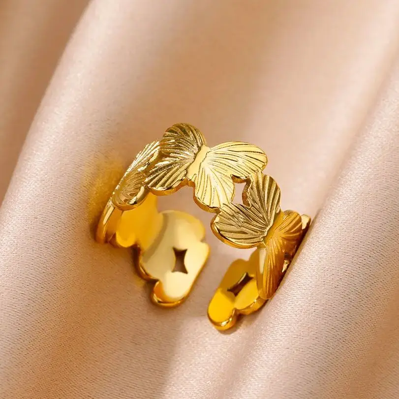 Fashion Butterfly Ring Gold Plated Stainless Steel Opening Hypoallergenic