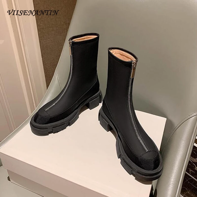 

New Design Front Zippers Thick Soled Short Boots Autumn Winter Round Toe Platform Flat Leisure Style Martin Boots Females Mujer