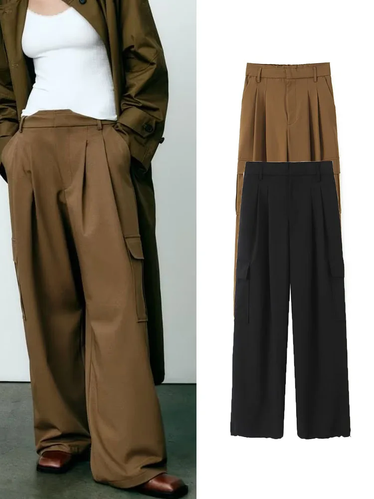 

TRAF 2 Colors Casual Cargo Pants for Women Autumn Multi-Pocket Wide Leg Pants Trouser Legs Drawstring Safari Style Trousers