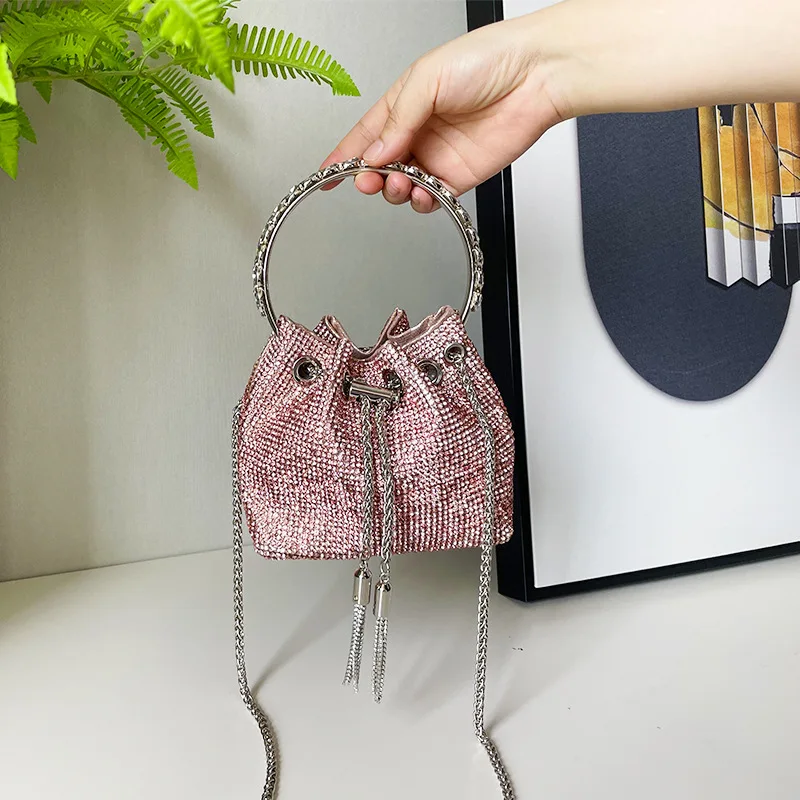 

Women's Luxury Designer Evening Bag Rhinestone Tassel Bucket Bag Messenger Chain Party Purse Female Z426