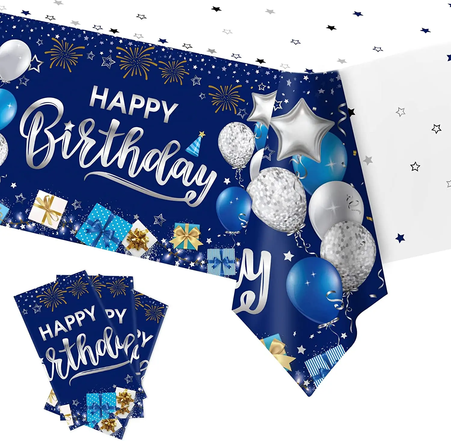 Navy Blue Silver Birthday Decorations Men Blue Tablecloth Kids 1st