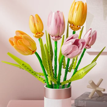 DIY 3in1 Pink Yellow Tulip Plants Romantic Peace And Hope Valentine's Day Gardens Building Blocks Model Bricks Kids Sets Kits